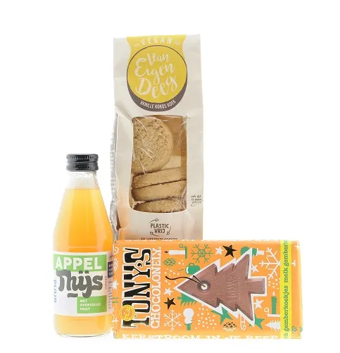 Oranje feestelijke doos met koekjes, chocoladereep en appelsap