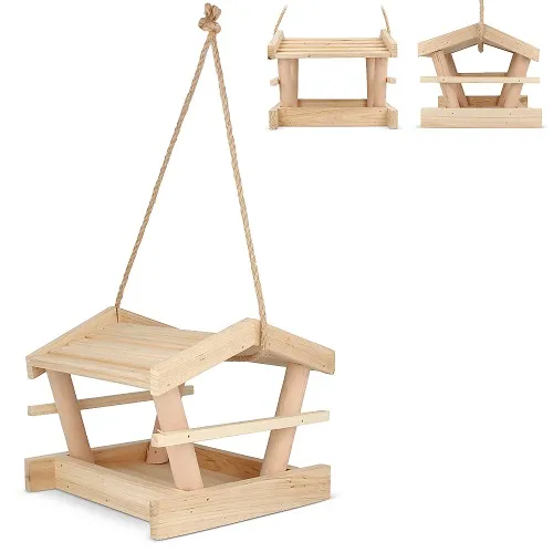 Houten vogelvoederhuisje voor in de tuin