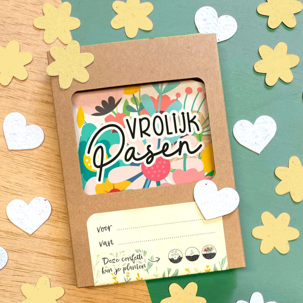 Plantbare paaskaart met hartjesconfetti