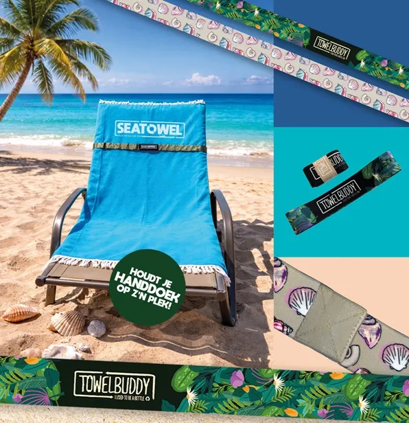 Bandje om de hoofdsteun van een strandstoel met handdoek eronder
